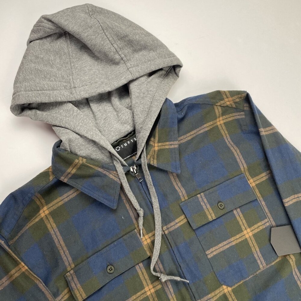 Empyre Chancer Hooded Flannel Shirt Jacket Men’s XL Full Zip Blue Check Pockets